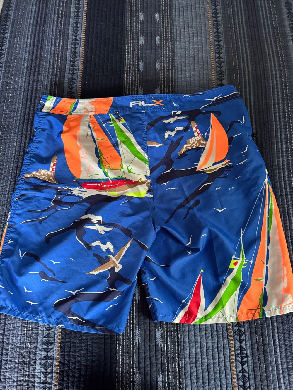 Ralph Lauren RLX Sailboat-Print Swim Board Shorts with Orange & Green Accents - Picture 8 of 15